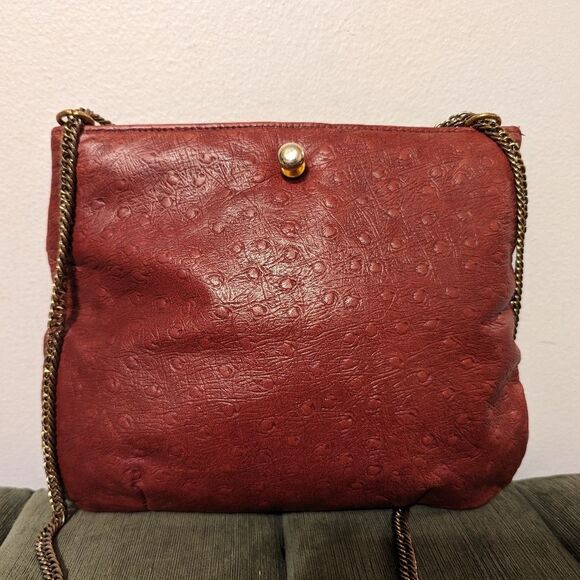 Vintage Ruth Saltz Shoulder Bag Retro 80s Burgundy Ostrich Leather Cougar Head - Picture 4 of 12